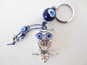 Blauwe boze oog sleutelhanger met uil set van 6