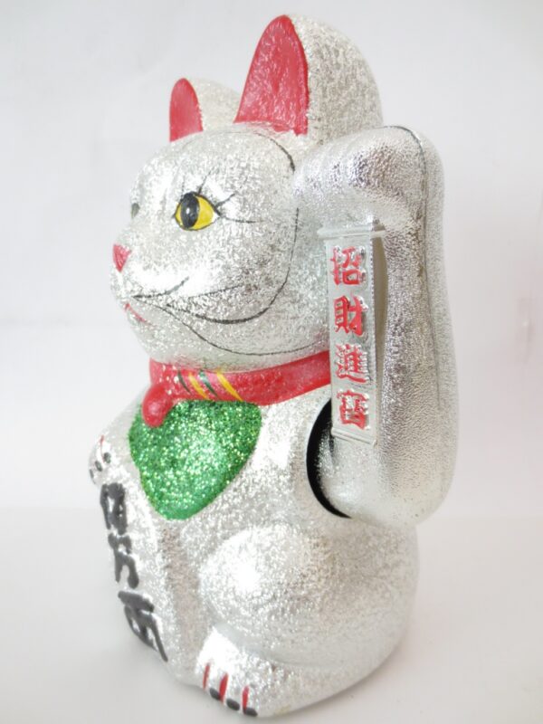 Lucky Cat glitter zilver met beweegbare arm groot