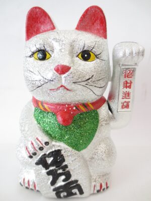 Lucky Cat glitter zilver met beweegbare arm groot