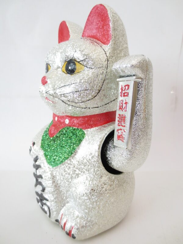 Lucky Cat glitter zilver met beweegbare arm middel