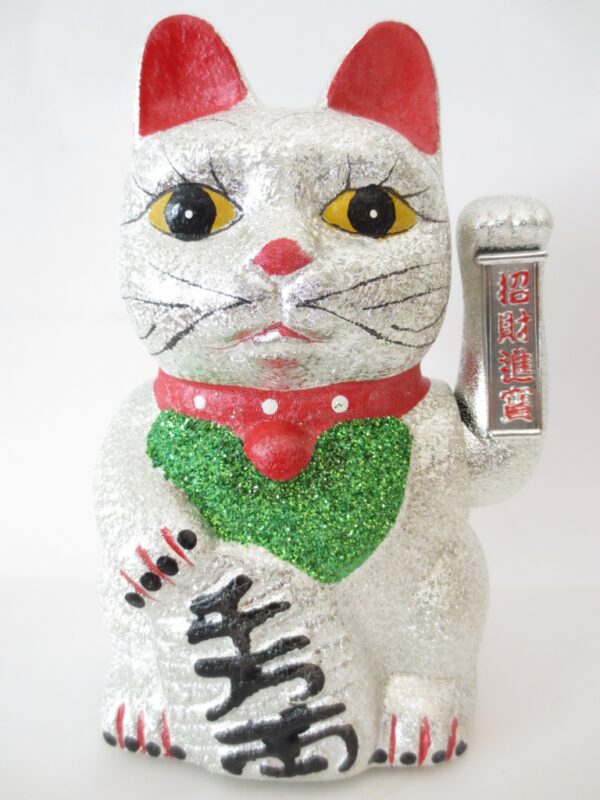 Lucky Cat glitter zilver met beweegbare arm middel