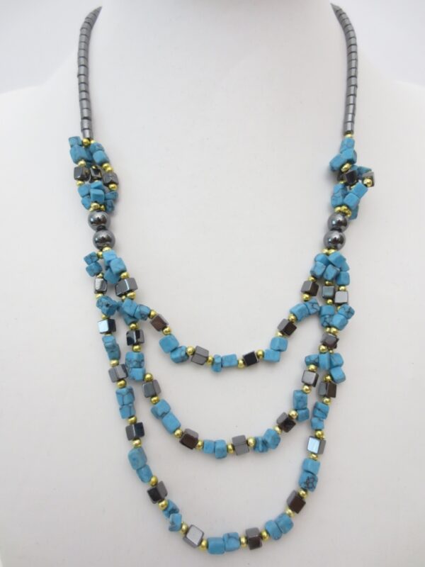 stenen en hematietketting Turquoise 3 lagen