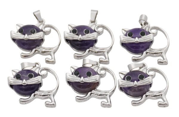 Amethist Kat Edelsteen Hangers (Set van 6 Stuks)