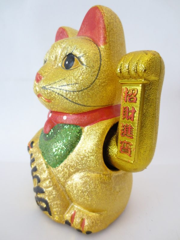 Lucky Cat Glitter Goud met Beweegbare Arm (Groot)