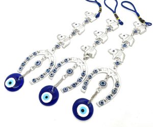 Blauwe Boze Oog Hanger met 3 Olifanten, Set van 6