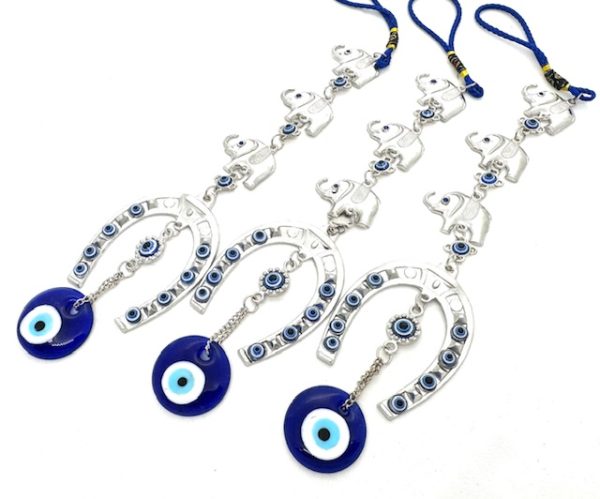 Blauwe Boze Oog Hanger met 3 Olifanten, Set van 6