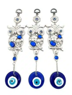 Blauwe Boze Oog Hanger met Uil, Set van 3