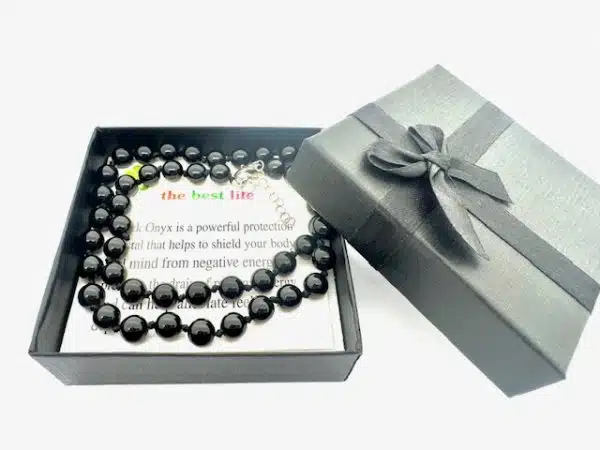Groothandel – 8 mm Zwarte Onyx Kralenketting (met doosje)