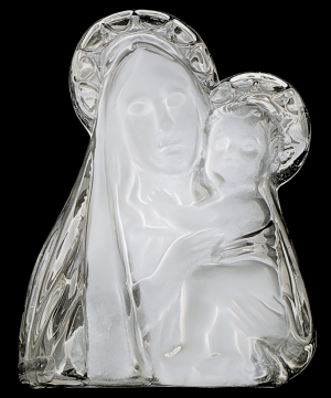 Platte moeder-en-kind figuur van kristalglas met aureool - 12 cm