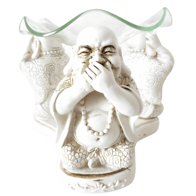 3 blije boeddha's 'horen, zien, zwijgen' oliebrander wit