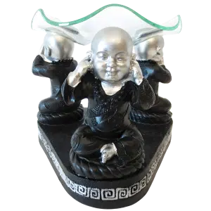 3 monnik horen, zien, zwijgen zilver/zwart oliebrander