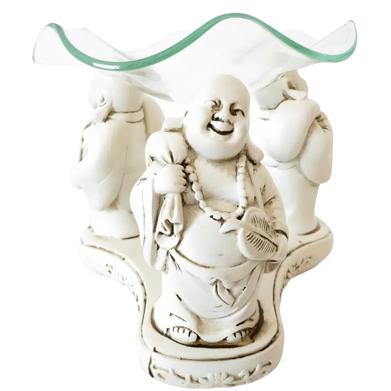 3 witte blije Boeddha's oliebrander